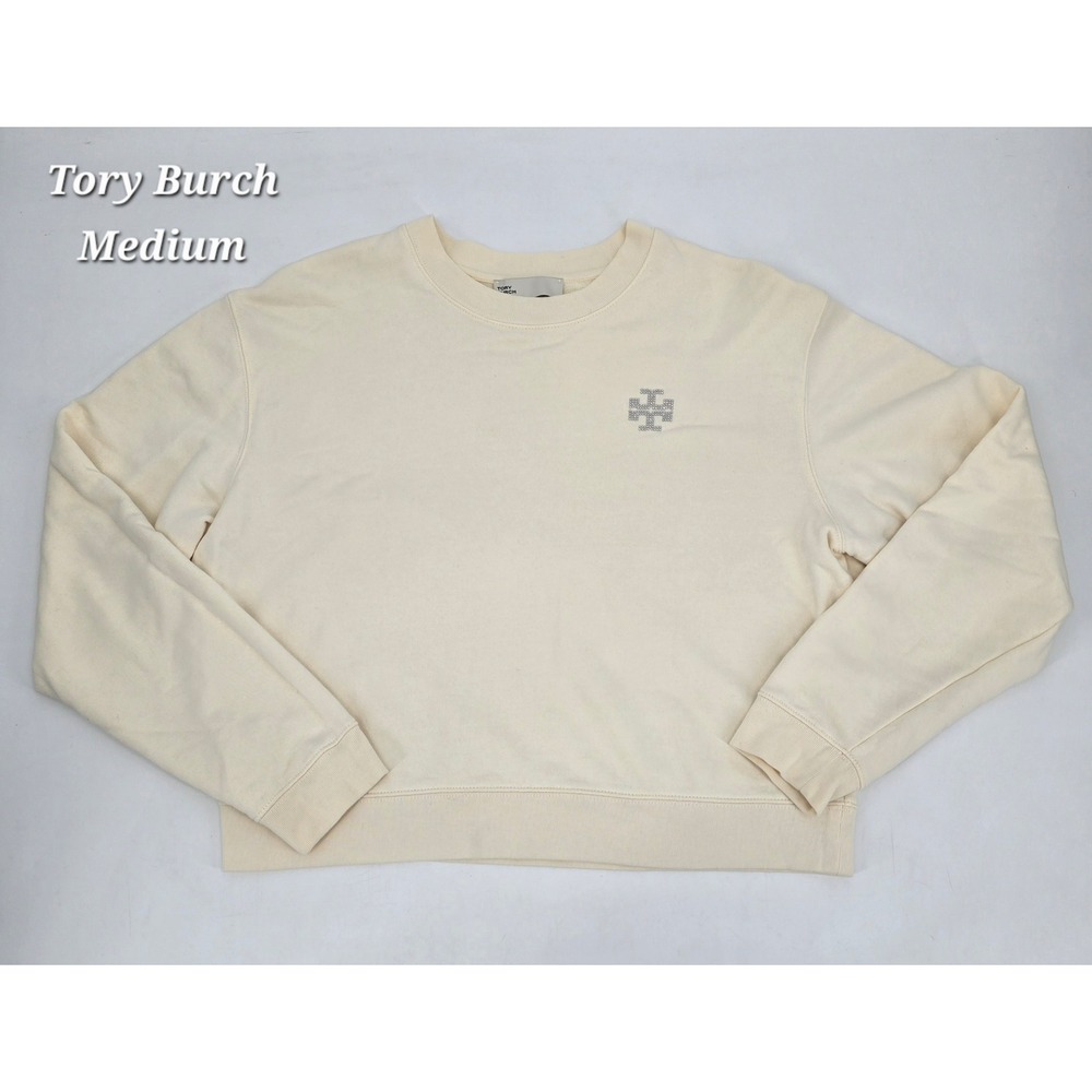 Tory Burch Crystal Logo Ivory Cotton Crewneck Sweatshirt Quiet Luxury Preppy